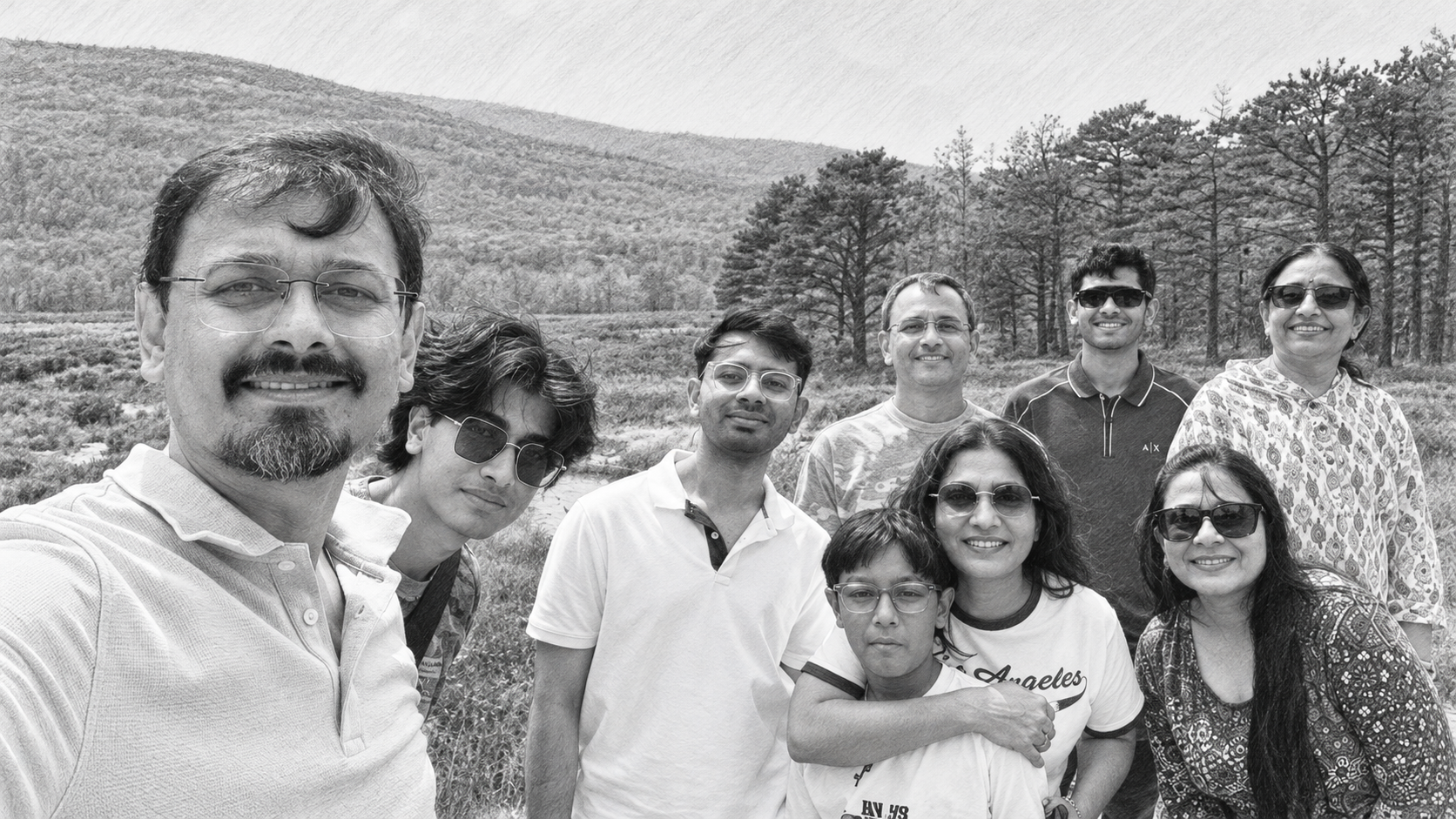 An illustrated portrait of the Bhansali family together outdoors